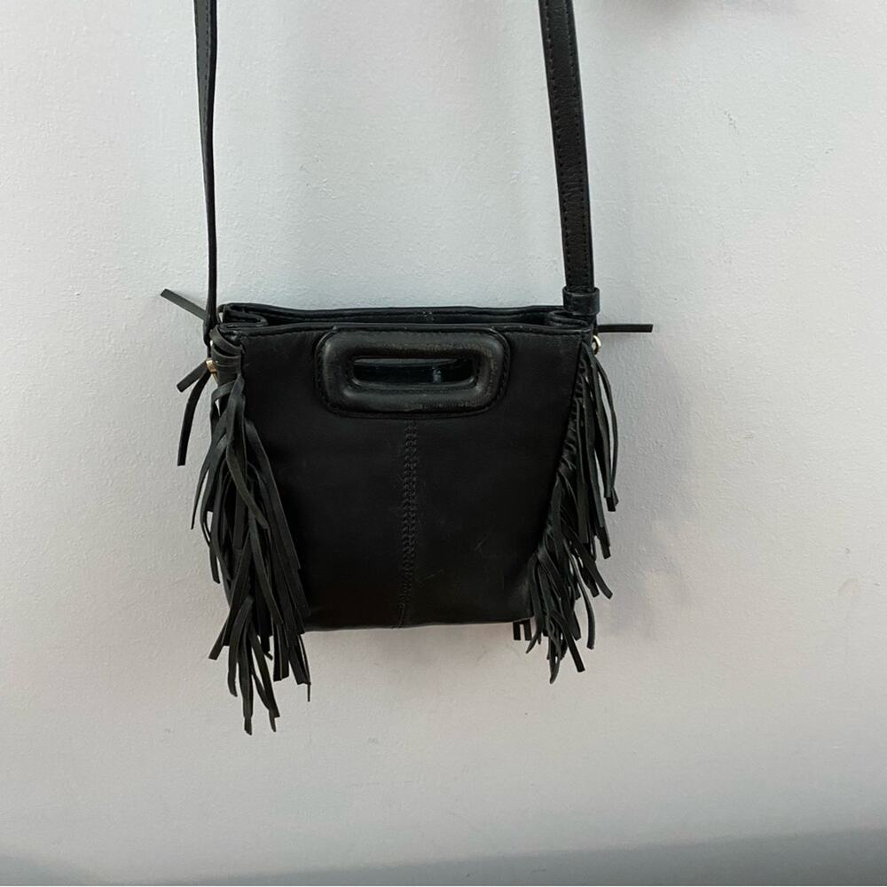 Maje Smooth Black Leather M Bag With Fringing Boho Mini Bag Crossbody Lagenlook - Picture 5 of 14